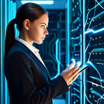 A focused female cybersecurity expert in a modest business suit, standing confidently in a futuristic, clean data center environment. Abstract digital lines and glowing nodes illustrate network connections and layered defenses around her. The scene emphasizes security and control, with a clear sense of advanced technology protecting vital information. Perfect anatomy, correct proportions, natural pose, well-formed hands, proper finger count. Professional photography, high quality, studio lighting, safe for work, appropriate content, fully clothed, professional, family-friendly.