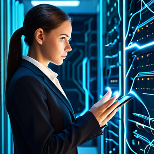 A focused female cybersecurity expert in a modest business suit, standing confidently in a futuristic, clean data center environment. Abstract digital lines and glowing nodes illustrate network connections and layered defenses around her. The scene emphasizes security and control, with a clear sense of advanced technology protecting vital information. Perfect anatomy, correct proportions, natural pose, well-formed hands, proper finger count. Professional photography, high quality, studio lighting, safe for work, appropriate content, fully clothed, professional, family-friendly.