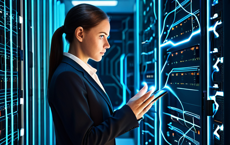 A focused female cybersecurity expert in a modest business suit, standing confidently in a futuristic, clean data center environment. Abstract digital lines and glowing nodes illustrate network connections and layered defenses around her. The scene emphasizes security and control, with a clear sense of advanced technology protecting vital information. Perfect anatomy, correct proportions, natural pose, well-formed hands, proper finger count. Professional photography, high quality, studio lighting, safe for work, appropriate content, fully clothed, professional, family-friendly.