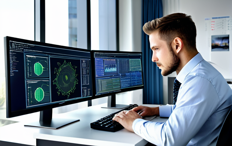 정보보안학 학위 취득 - Cybersecurity Analyst**
"A cybersecurity analyst, fully clothed in appropriate business attire, wor...