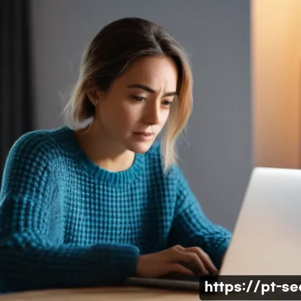 정보보안학 보안 시스템 구현 - **Subject:** A concerned-looking woman in her late 30s sits at her laptop in a brightly lit, modern ...