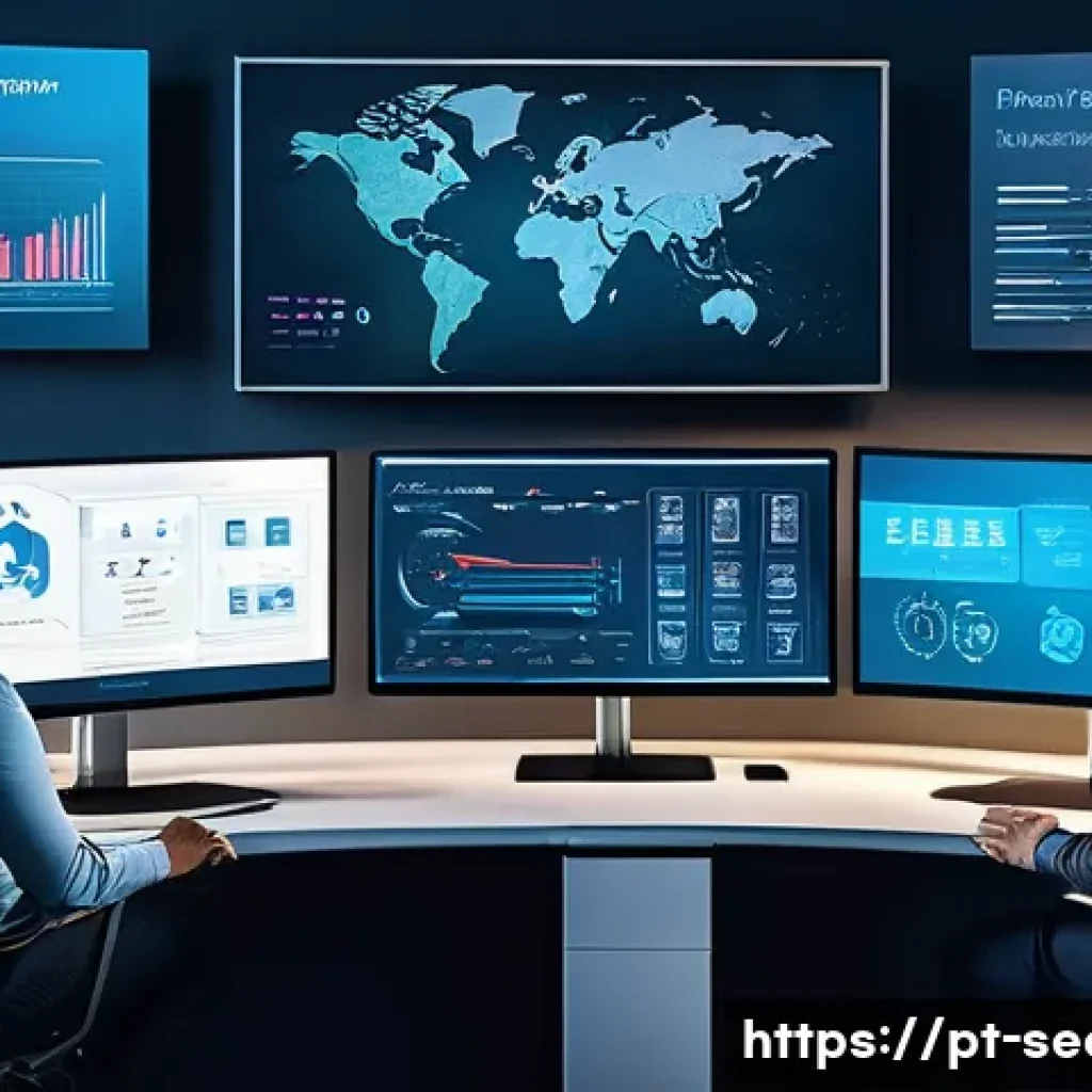 정보보안학 보안 데이터베이스 설계 - A modern corporate office environment showing a diverse team of IT security professionals collaborat...