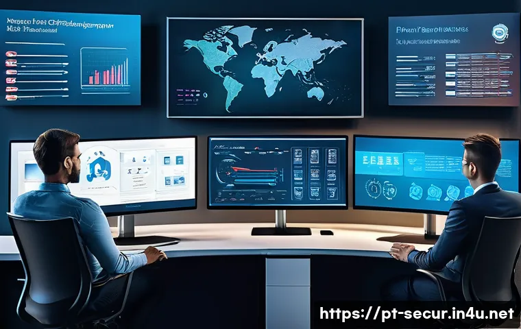 정보보안학 보안 데이터베이스 설계 - A modern corporate office environment showing a diverse team of IT security professionals collaborat...