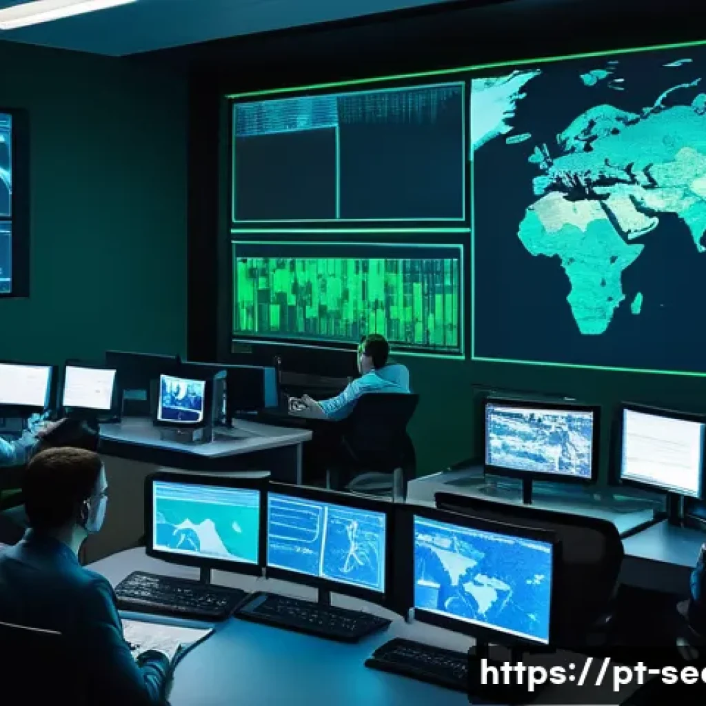 정보보안학 침해 사고 조사 - A modern cybersecurity operations center with a diverse team of IT professionals actively monitoring...
