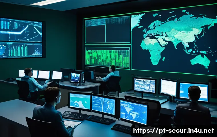 정보보안학 침해 사고 조사 - A modern cybersecurity operations center with a diverse team of IT professionals actively monitoring...