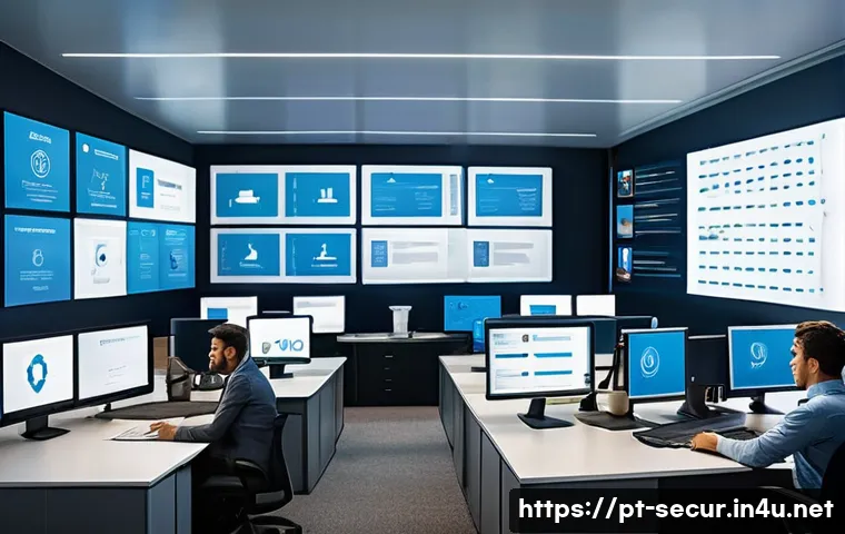 정보보안학 사이버 보안 법적 이슈 - A modern Brazilian office environment with diverse professionals collaborating around a large digita...