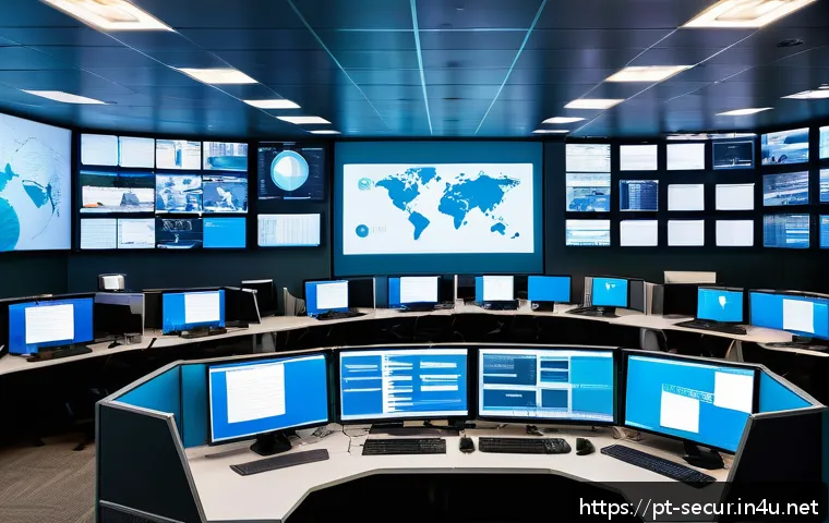 정보보안학 사고 대응 시나리오 - A high-tech cybersecurity operations center with a diverse team of professionals working in coordina...