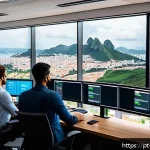 Home 20 정보보안학 진로 - A modern Brazilian office environment showing a diverse group of IT security professionals collabora...