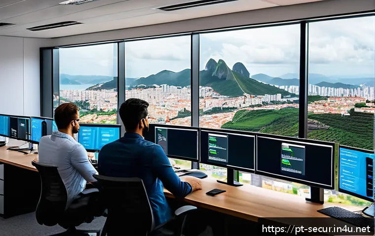 정보보안학 진로 - A modern Brazilian office environment showing a diverse group of IT security professionals collabora...