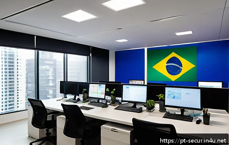정보보안학 보안 엔지니어 역할 - A modern corporate office environment in S&atilde;o Paulo, Brazil, showing a diverse team of professionals ...