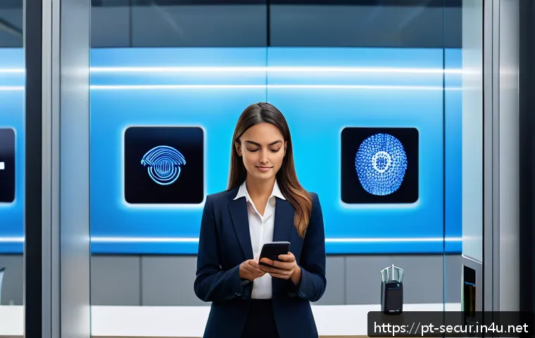 정보보안학 글로벌 보안 동향 - A high-tech corporate office environment showcasing multifactor biometric authentication in action: ...