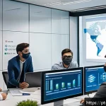 Home 23 정보보안학 실무 인터십 - A modern office environment where a diverse group of young cybersecurity interns, wearing business c...
