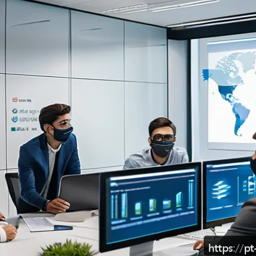 Home 17 정보보안학 실무 인터십 - A modern office environment where a diverse group of young cybersecurity interns, wearing business c...