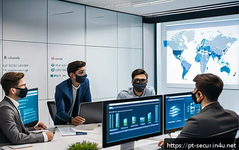 정보보안학 실무 인터십 - A modern office environment where a diverse group of young cybersecurity interns, wearing business c...