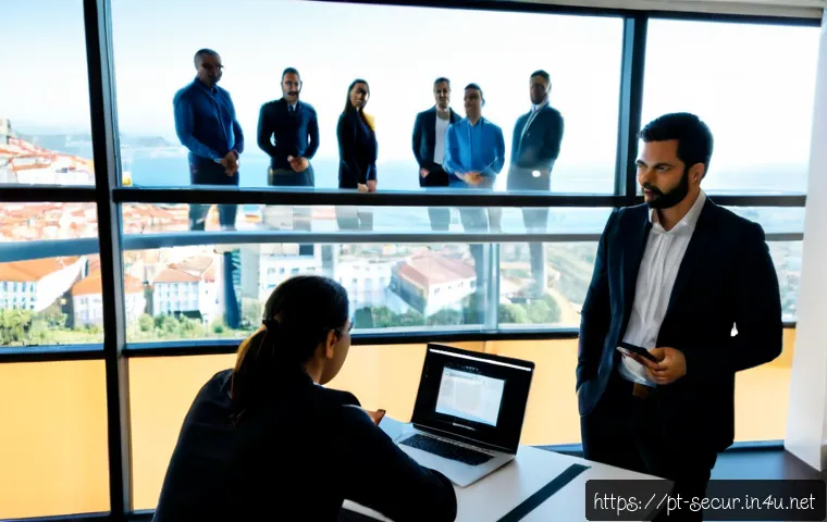 정보보안학 사고 대응 체계 - Photorealistic cybersecurity incident response team in a modern Portuguese office, diverse IT profes...